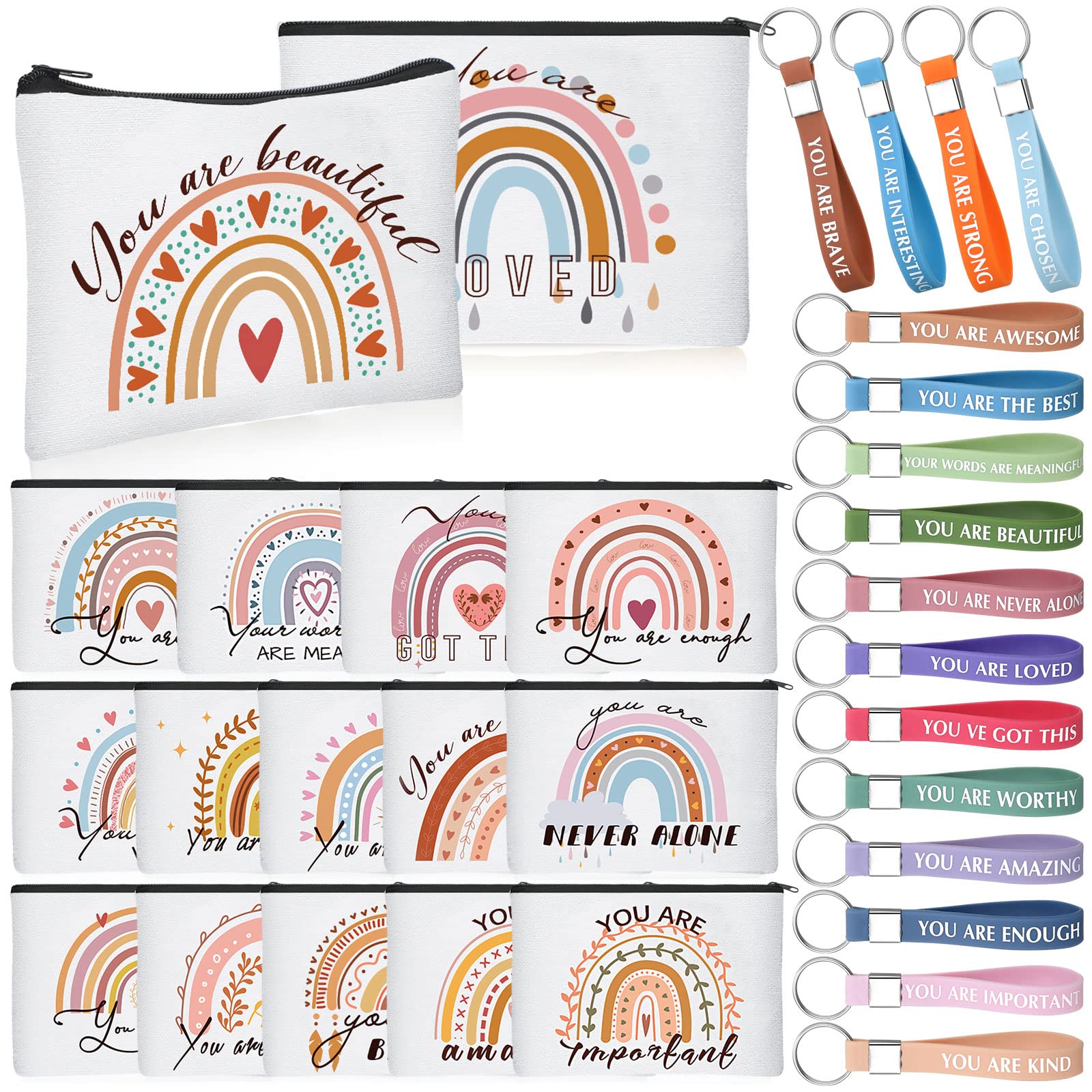 Photo 1 of Hillban 32 Pcs Housekeeping Week Gift Canvas Cosmetic Bag Bulk with Inspirational Quote Keychains Canvas Makeup Bag Travel Toiletry Coin Pouch Gift for Women Mom Grandmother(Rainbow)