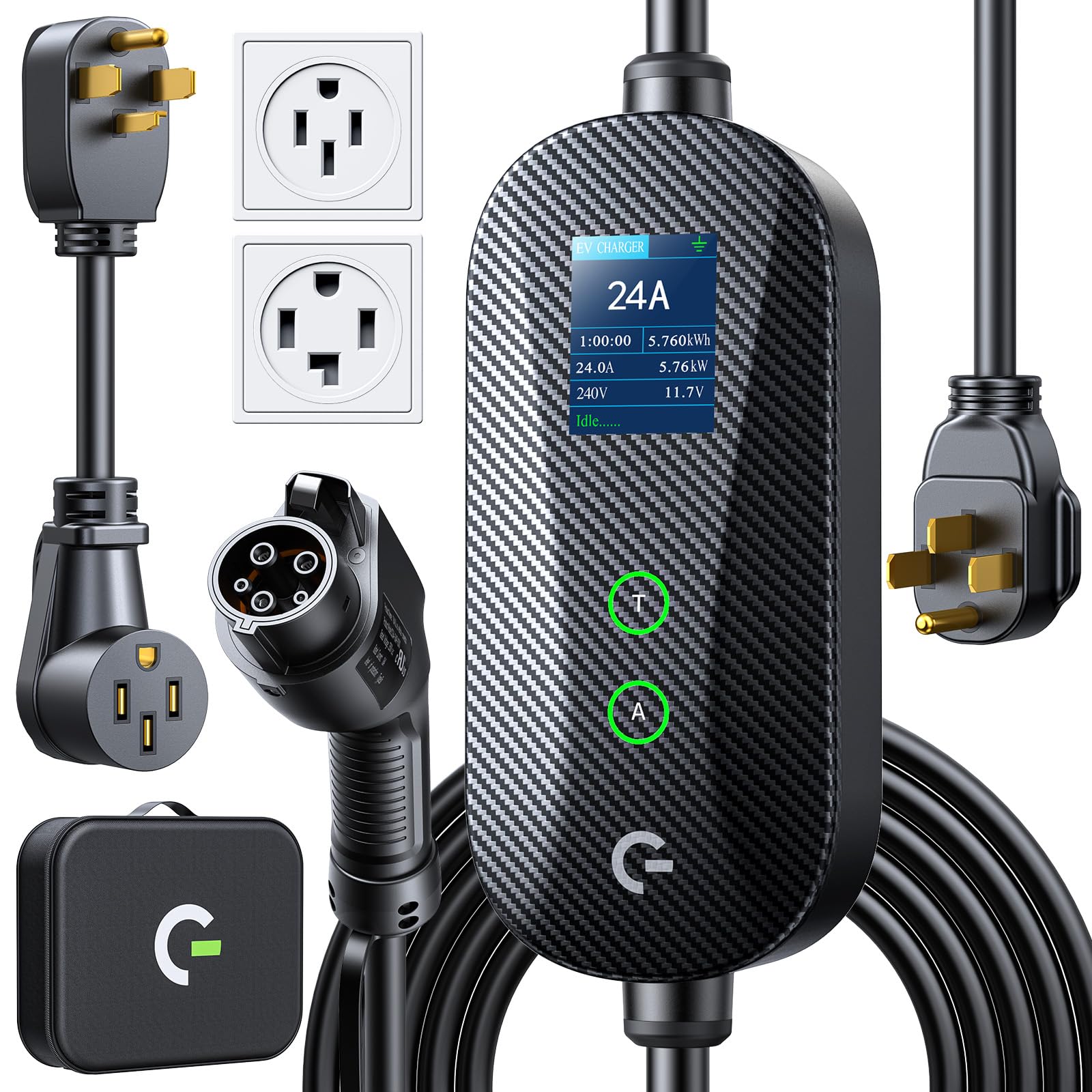Photo 1 of Grasside Carbon Fiber Level 2 EV Charger, 24A Adjustable Current/Timer/Smart Display, NEMA 14-30 Dryer Outlet & 14-50 Plug, 21FT EV Charging Cable, J1772 Connector for SEA J1772 EVs/PHEVs