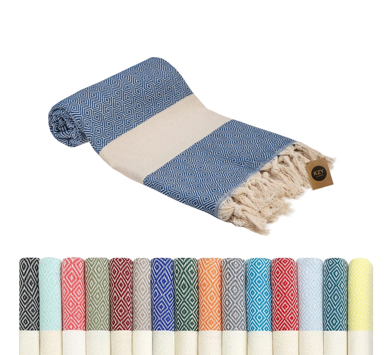 KZY LONDON Beach Towel - Large Turkish Beach Towels for Camping, Swimming, Bath, Gym, Picnic - Quick Dry, Super Absorbent, Lightweight, Compact Cotton Hammam Towels for Adults, Men, Kids (Blue, 1)