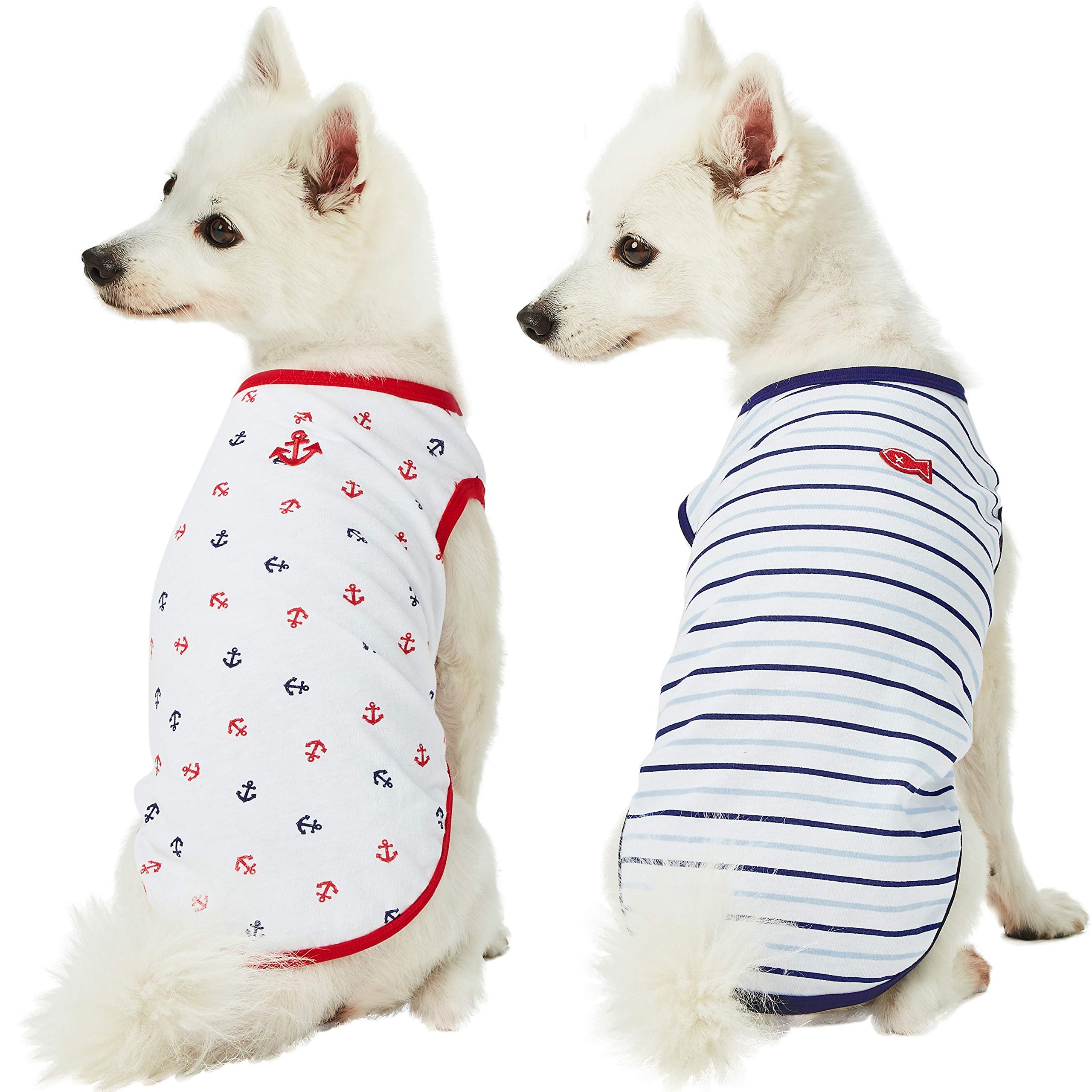 Blueberry Pet Pack of 2 Soft & Comfy Sea Lover Navy Sailor Cotton Blend Dog T Shirts, Back Length 41cm, Clothes for Dogs