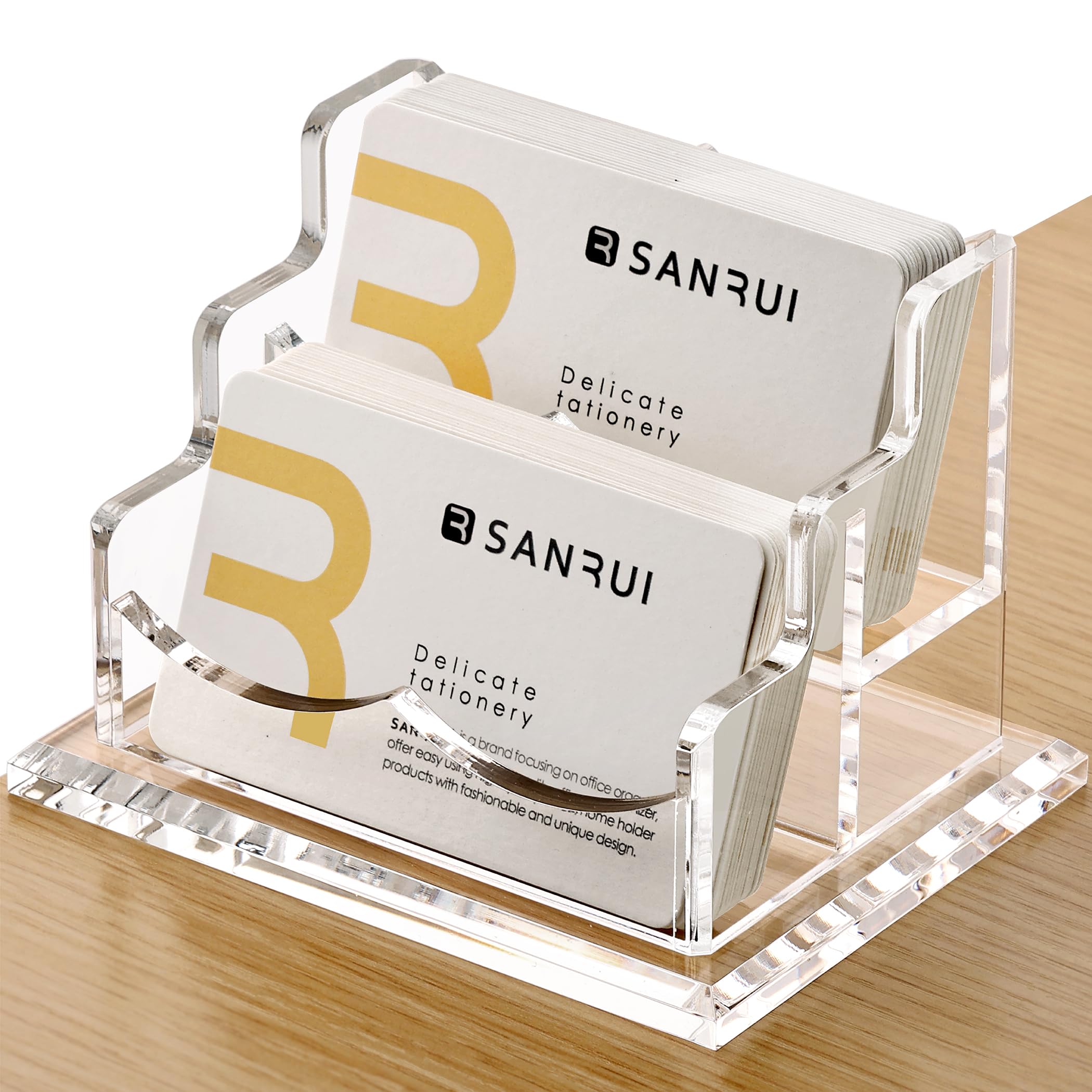 SANRUI Clear Business Card Holder Stand for Desk, Acrylic Desktop Horizontal Display Name Cards Holders Organizer Storage Rack,for Exhibition, Home , Office ,2 Tier 2 Pocket , 120 Card Capacity