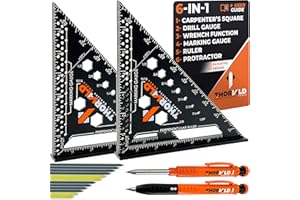 THORVALD 2 Carpenter Square 7 inch (1/16" Precision) + 2 Pencils + 12 Leads - T Square Multi-Purpose Carpenter Tools : Wrench, Protractor, Ruler, Marking Gauge, Drill Gauge, Carpentry Pencil