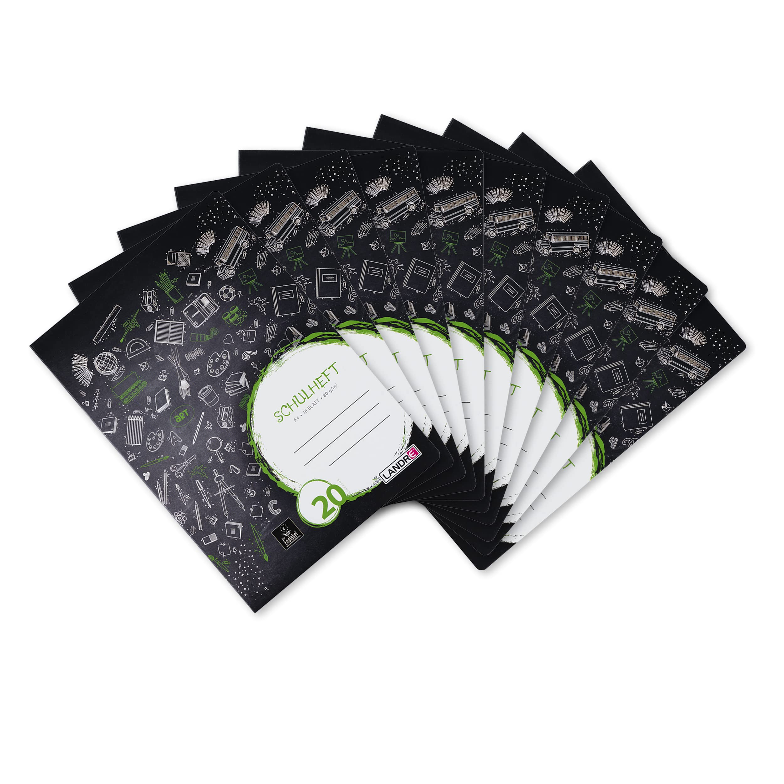 Landre 100050034 Lined School Notepad A4 (16 Blank Sheets of 80 g/m² Fine, Wood-Free Writing Paper with Type 20 Ruling) Pack of 10 in 3 in Assorted Designs