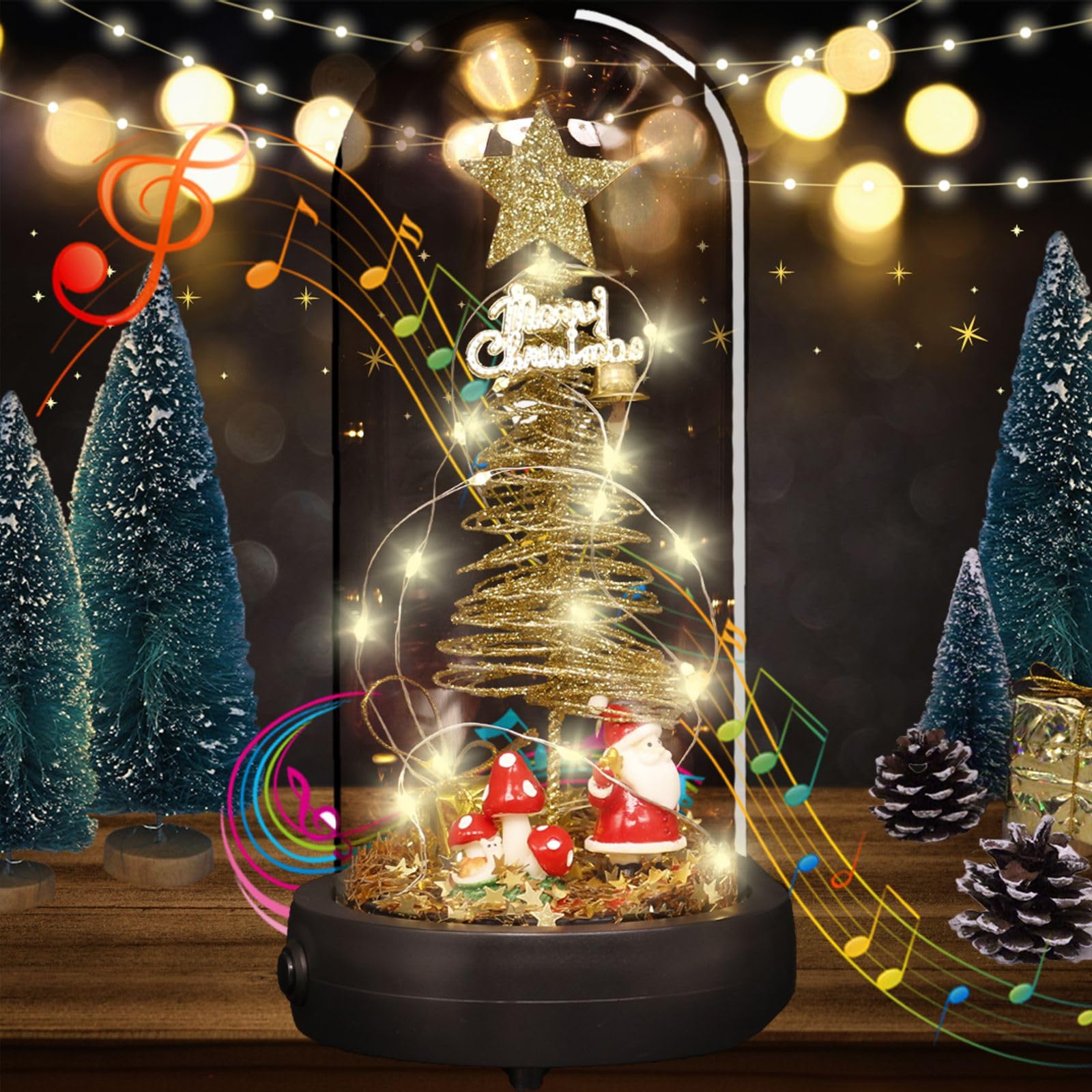 Uniqicon LED Christmas Tree Music Box In Glass Dome with Santa Claus, Snowflakes Decorations Tree Present, Indoor Home Decor Gifts, Christmas Music Wooden Box Gifts for Girls Women Mom Friend