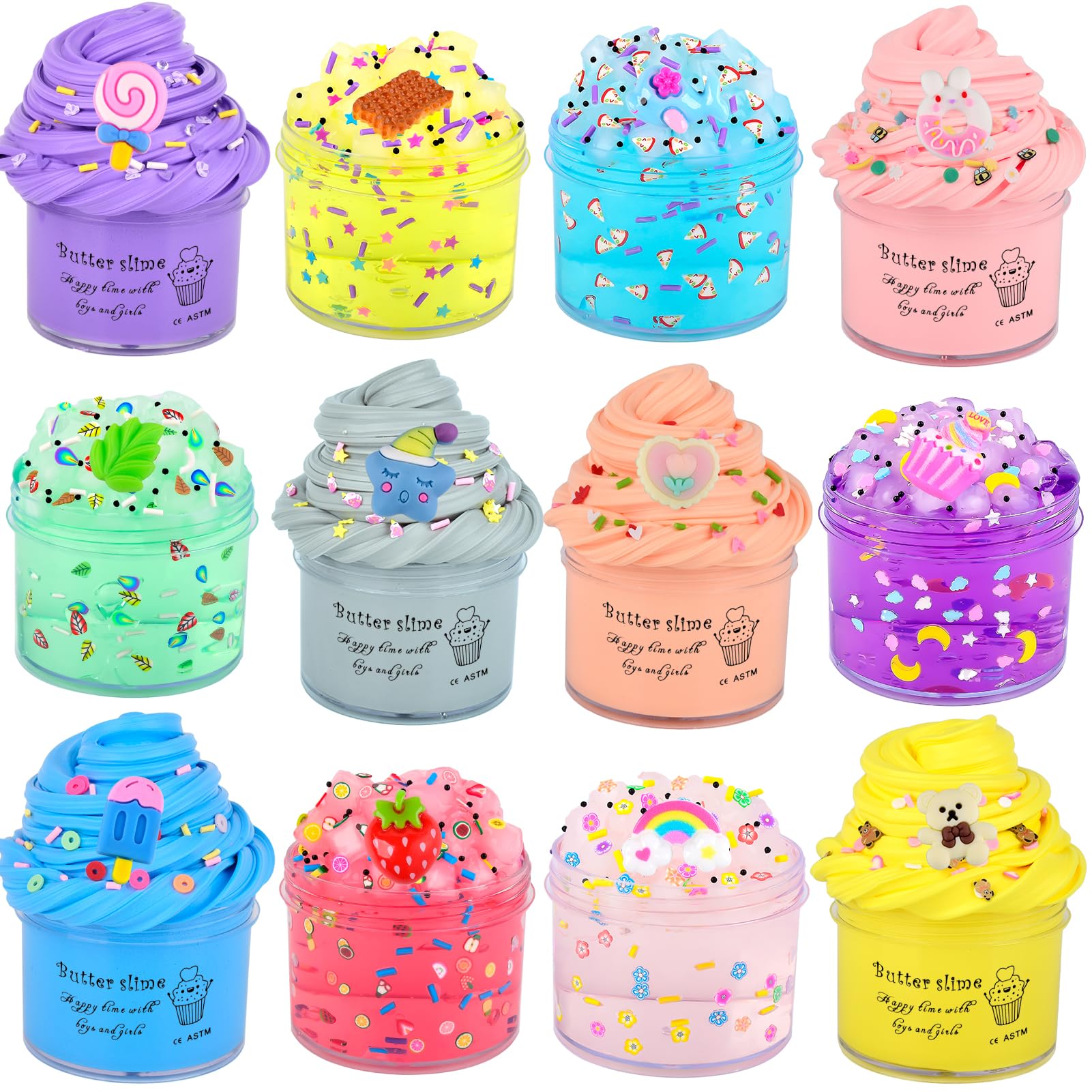 Slime Kit 12 Pack, with 6 Butter & 6 Crystal Slime for Party Favors, Scents Slime Putty Soft and Non-Sticky, Birthday Gift Carnival Prizes, Stress Relief Toy for Kids Education