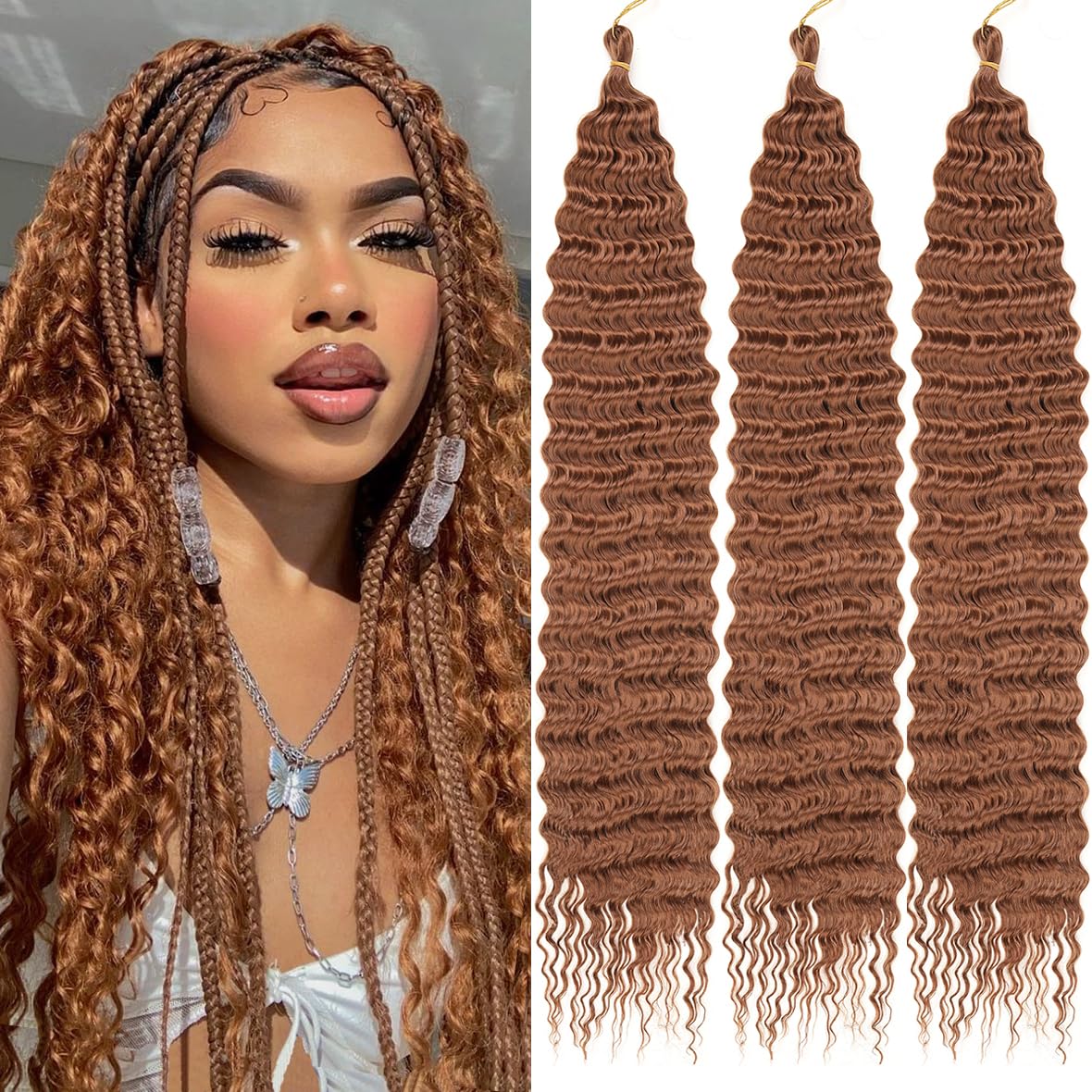 Kachanaa 24 Inch Ocean Wave Crochet Hair Synthetic Crochet Braiding Hair for Boho Box Braids 3 Pack Honey Brown Pre-Separate Deep Wave Braiding Hair Extensions for Goddess Braids /30# โ image 1