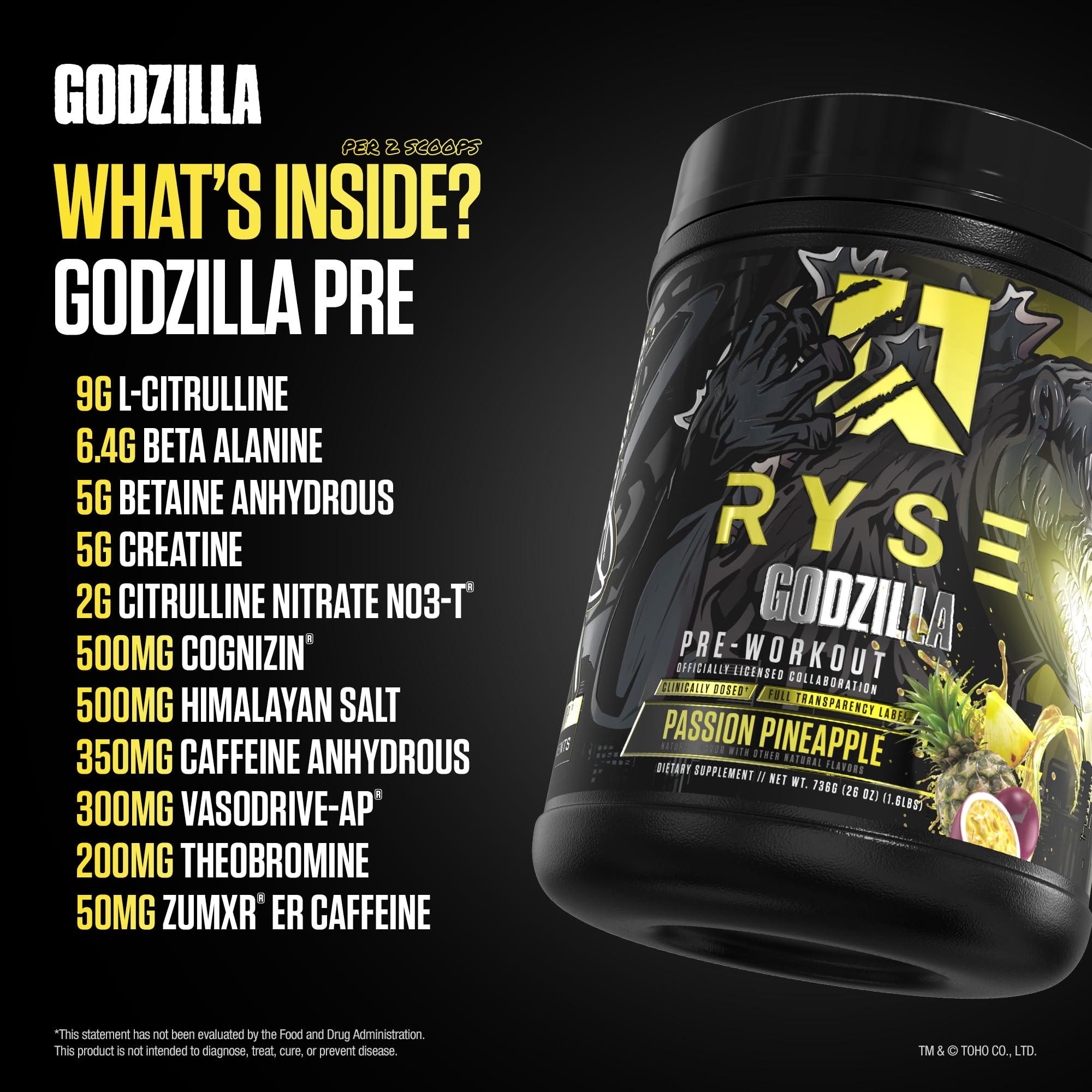 RYSE Godzilla X Noel Deyzel Pre Workout Powder - Passion Pineapple - 400mg Caffeine, High Stim Pre-Workout for Men & Women with Citrulline & Beta Alanine - Energy, Pump & Focus - 20/40 Servings