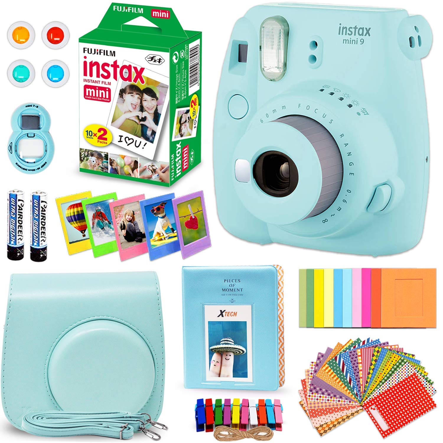 FujiFilm Instax Mini 9 Instant Camera ICE Blue + Fuji INSTAX Film (20 Sheets) + Custom Camera Case + Instax Album + 60 Colorful Stickers + 20 Emoji Stickers + Fun Frames + 4 Colored Filters + More