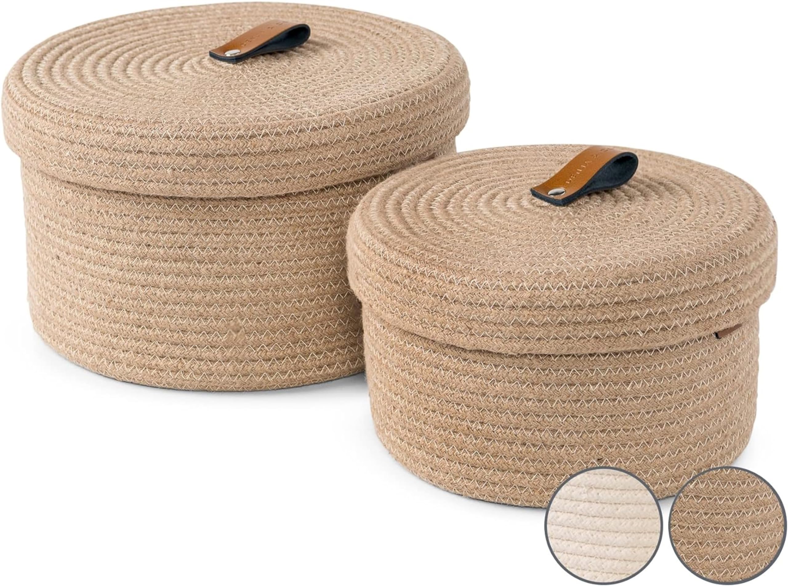 Photo 1 of DENJA & CO Set of 2 Decorative Storage Baskets with Lids - Round Woven Baskets for Home Decor and Organizing - Small Shelf Baskets with Leather Tabs and Handles - Decorative Storage and Organizer Bins