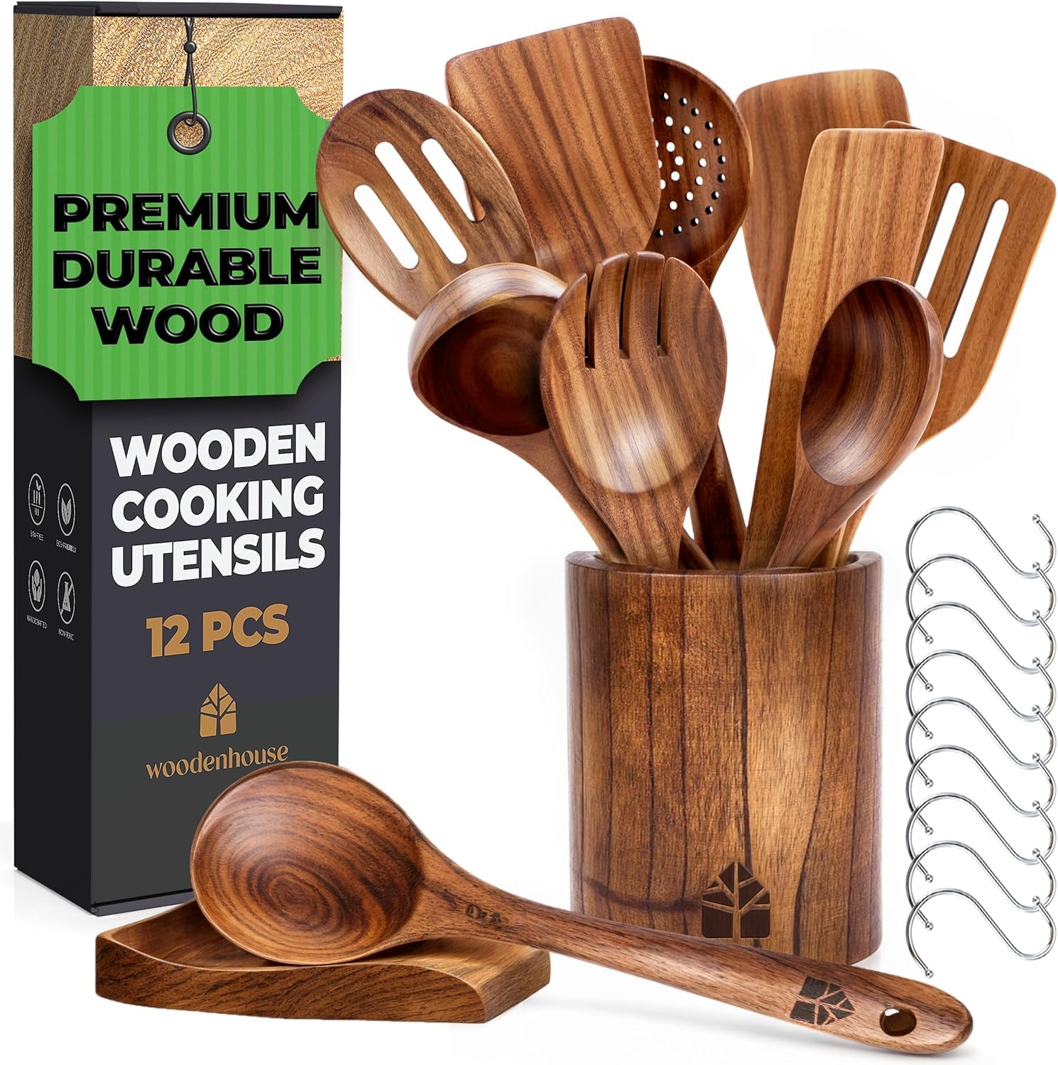 Photo 1 of Wooden Spoons for Cooking – Wooden Cooking Utensils Set with Holder, Spoon Rest & Hooks, Teak Wood Nonstick Kitchen Cookware – Durable Set of 12pcs by Woodenhouse