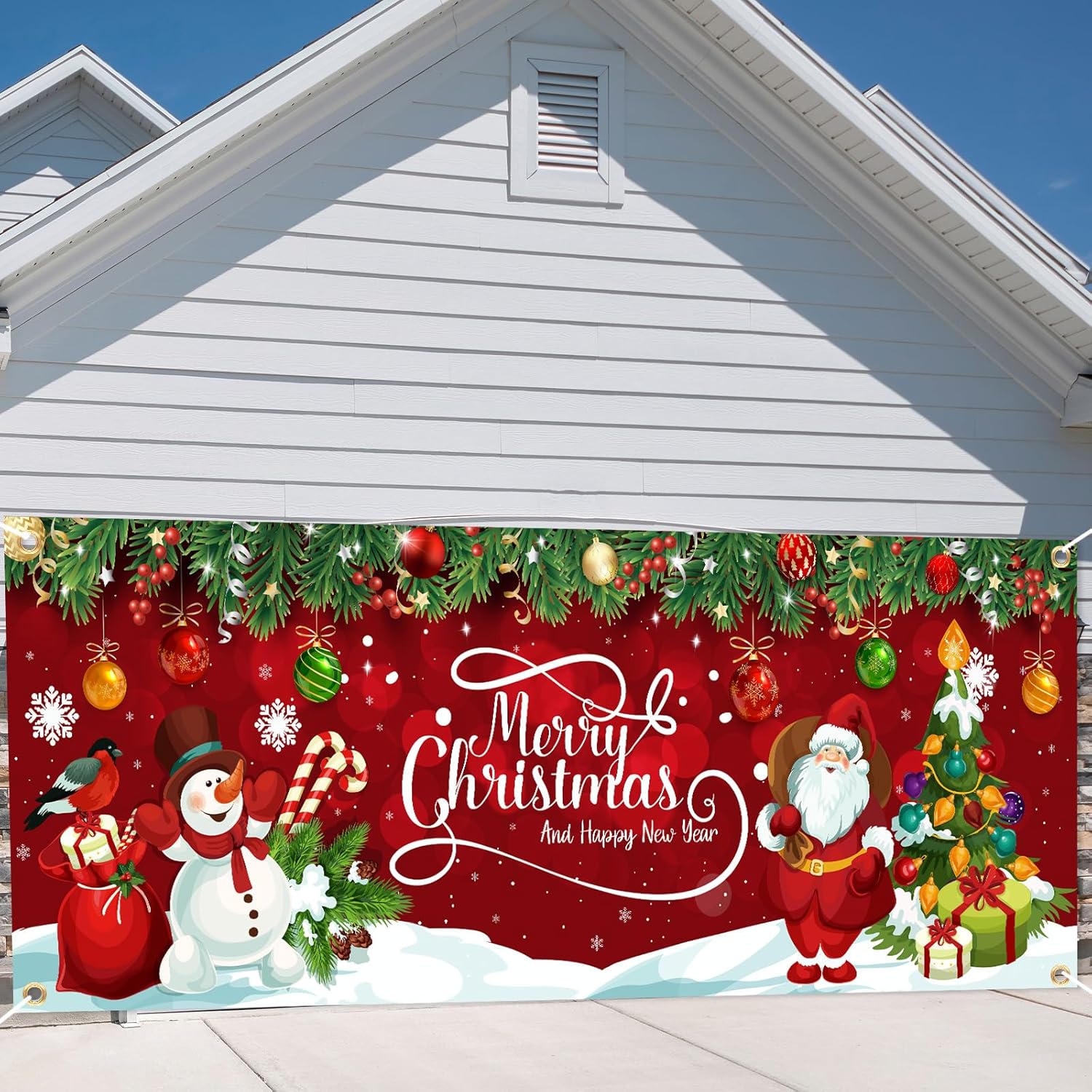 Garage Door Decorations - Christmas Garage Door Banner Large Merry Christmas Backdrop Decorations Santa Claus Snowman Garage Door Cover Holiday Wall Photo Background Christmas Garage Door Outdoor Decorations, 6 x 13 ft