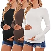 Ekouaer Womens 3 Pack Long Sleeve Maternity Shirts Crew Neck Pregnancy Clothes Side Ruched Workout Tops Casual T-Shirt S-XXL