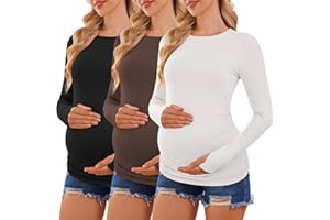 Ekouaer Womens 3 Pack Long Sleeve Maternity Shirts Crew Neck Pregnancy Clothes Side Ruched Workout Tops Casual T-Shirt S-XXL