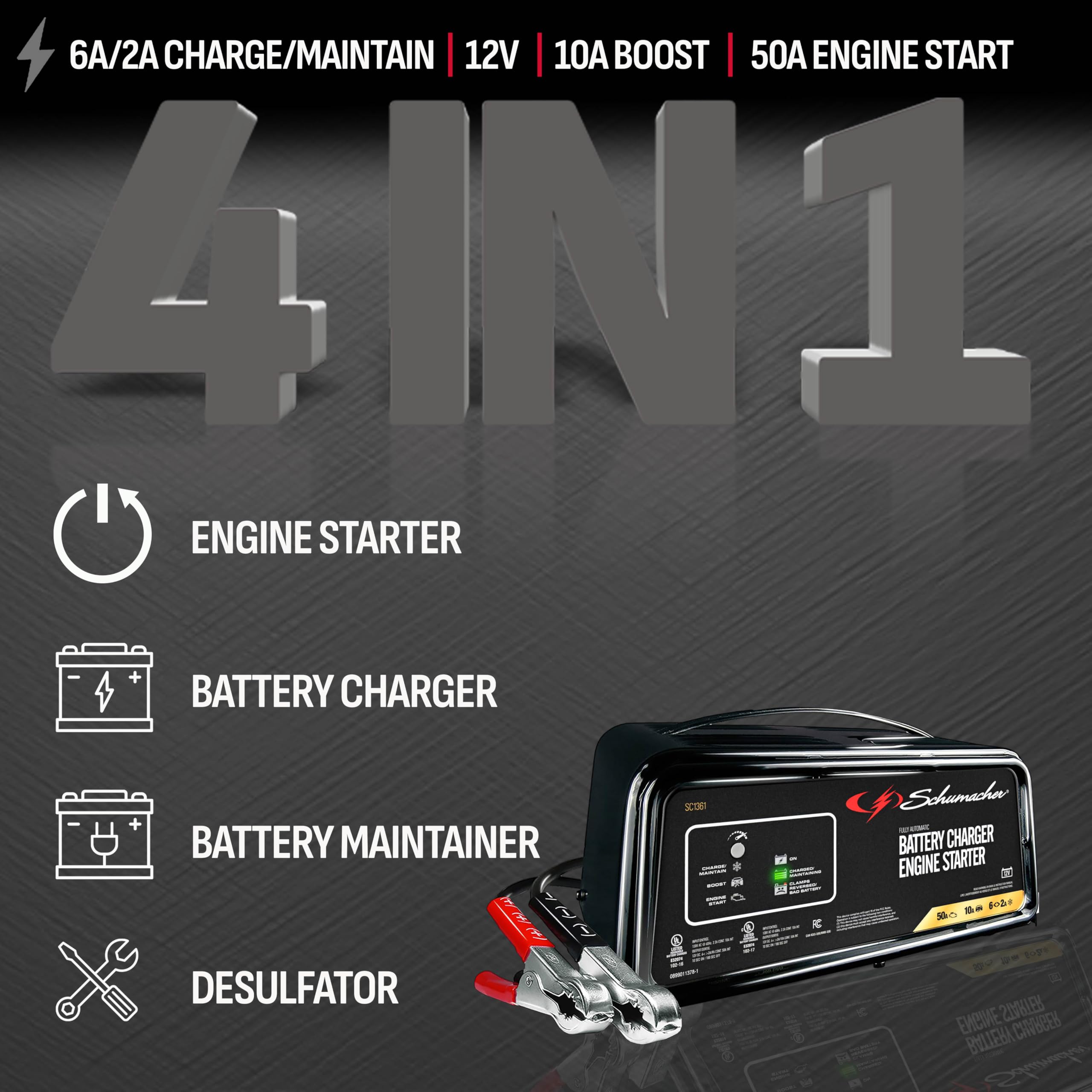 Avviatore Di Emergenza Schumacher SC1361 50A | Caricabatterie 12V Per Auto, Moto, Camion E Barche | Completamente Automatico