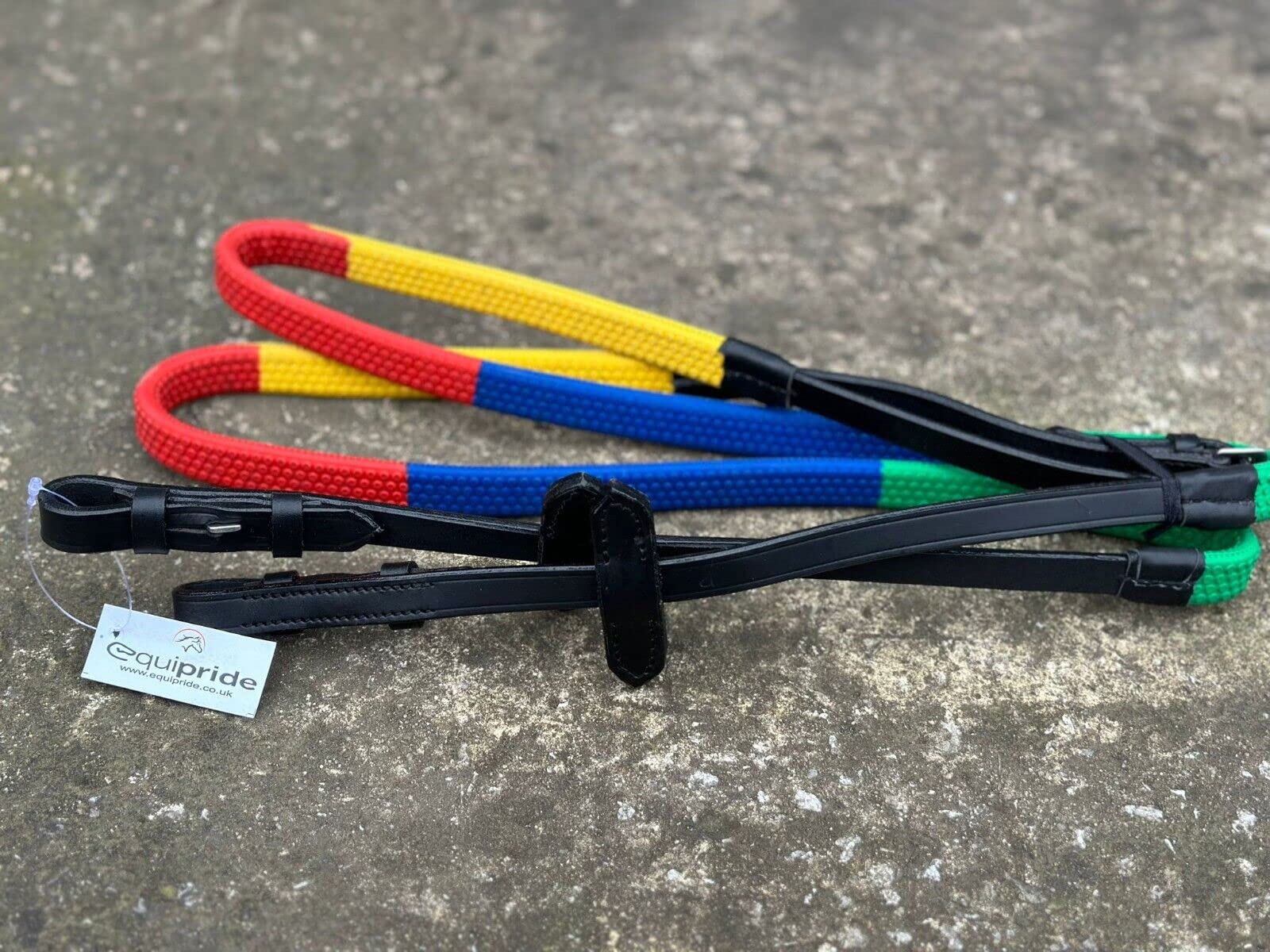 Equipride LEATHER REINS RUBBER GRIP REINS RAINBOW FOR SCHOOLING AND TRAINING PONY & SHETLAND (Full)