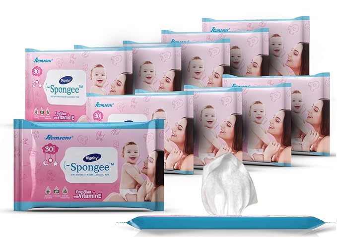 Dignity Spongee Baby Wet Wipes, 150 x 200 mm, 30 Wipes/Pack (Pack of 12, 360 Wipes)