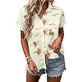 Western Button Up Shirts Women Retro Cowgirl Shirt Rodeo Tops Hawaiian Summer Vacation Short Sleeve Top Blouses