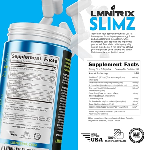 LMNITRIX SLIMZ FAT BURNER & MOOD ENHANCER – DIET PILLS THAT WORK – WEIGHT LOSS SUPPLEMENT – LOSE WEIGHT, GET RID OF STRESS AND TAKE CONTROL OF YOUR WELLNESS JOURNEY – 90 CAPSULES