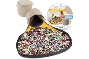 Creative QT SlideAway Toy Storage Organizer & Extra Large 52" Play Mat, Collapsible Storage Bins for Building Bricks, Small Blocks, Toys, Drawstring Cleanup for Kids Playroom & Classroom, Beige