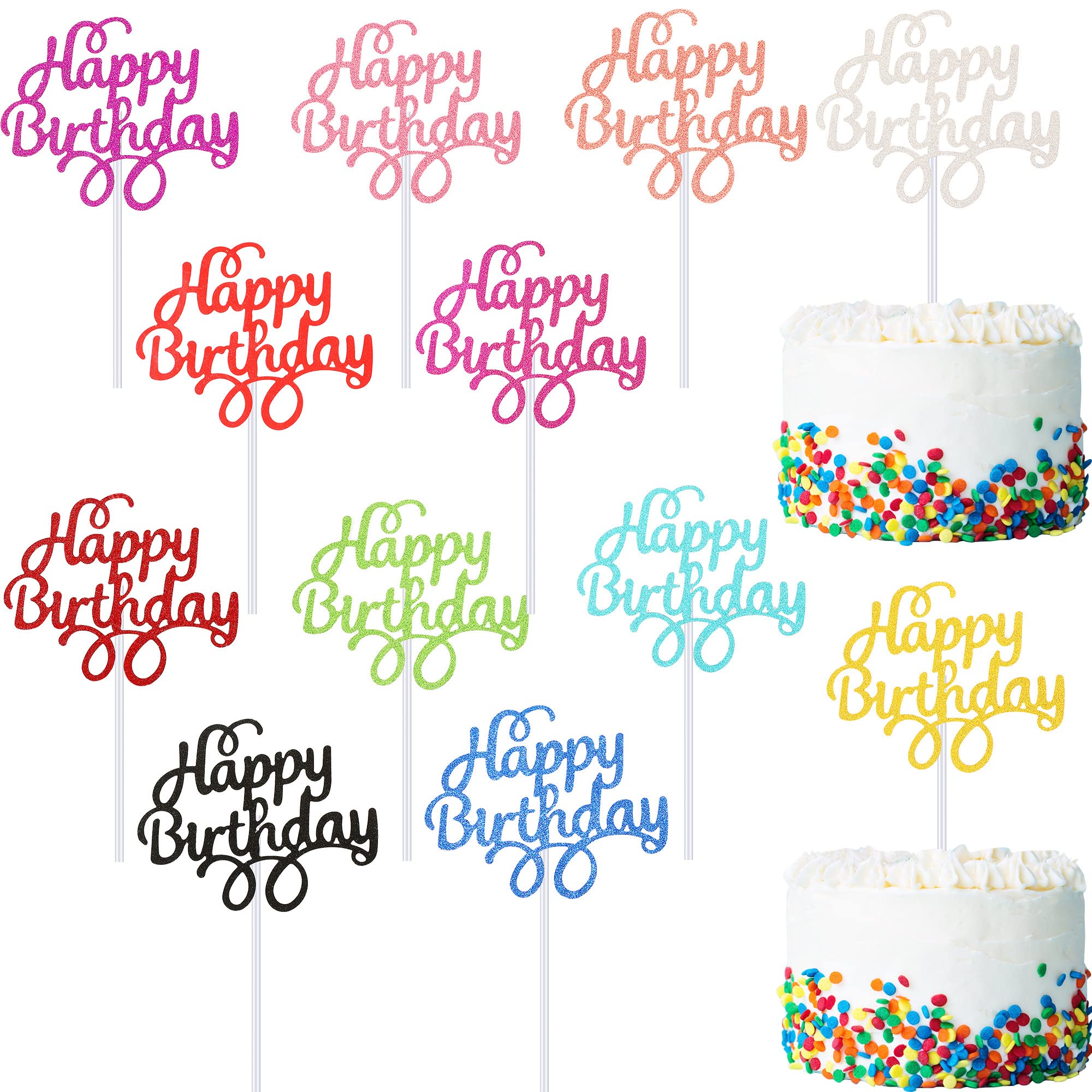 12 Colors Glitter Birthday Cake Toppers and Picks for Party Supplies, Baby Shower - 12 Pieces