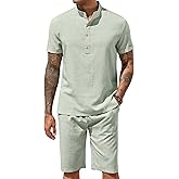 COOFANDY Men's 2 Pieces Set Short Sleeve Henley Shirts and Shorts Pants Texture Summer Beach Vacation Outfits