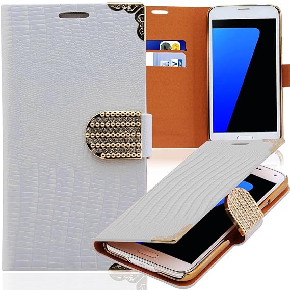 Luxus Strass Handy Tasche Schutz Hülle für Samsung Galaxy Note Edge SM-N915F Weiss Book-Style Leder Etui Glitzer Case Cover B
