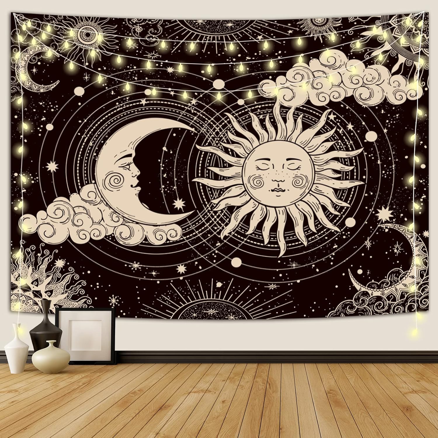 Tapestries - Wonrizon Sun and Moon Tapestry, Aesthetic Black Dark Spiritual Tapestries Mystic Burning Sun with Clouds Star Wall Hanging decor for Bedroom (51.2
