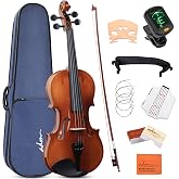 ADM 4/4 Full Size Wood Violin Set for Kids Teens Students Adults Beginner Acoustic Violin Glossy Fiddle Starter Kit with Hard Case, Rosin, Shoulder Rest, Bow, Clip-on Tuner and Fingerboard Sticker