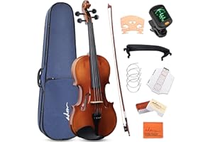 ADM 4/4 Full Size Wood Violin Set for Kids Teens Students Adults Beginner Acoustic Violin Glossy Fiddle Starter Kit with Hard Case, Rosin, Shoulder Rest, Bow, Clip-on Tuner and Fingerboard Sticker