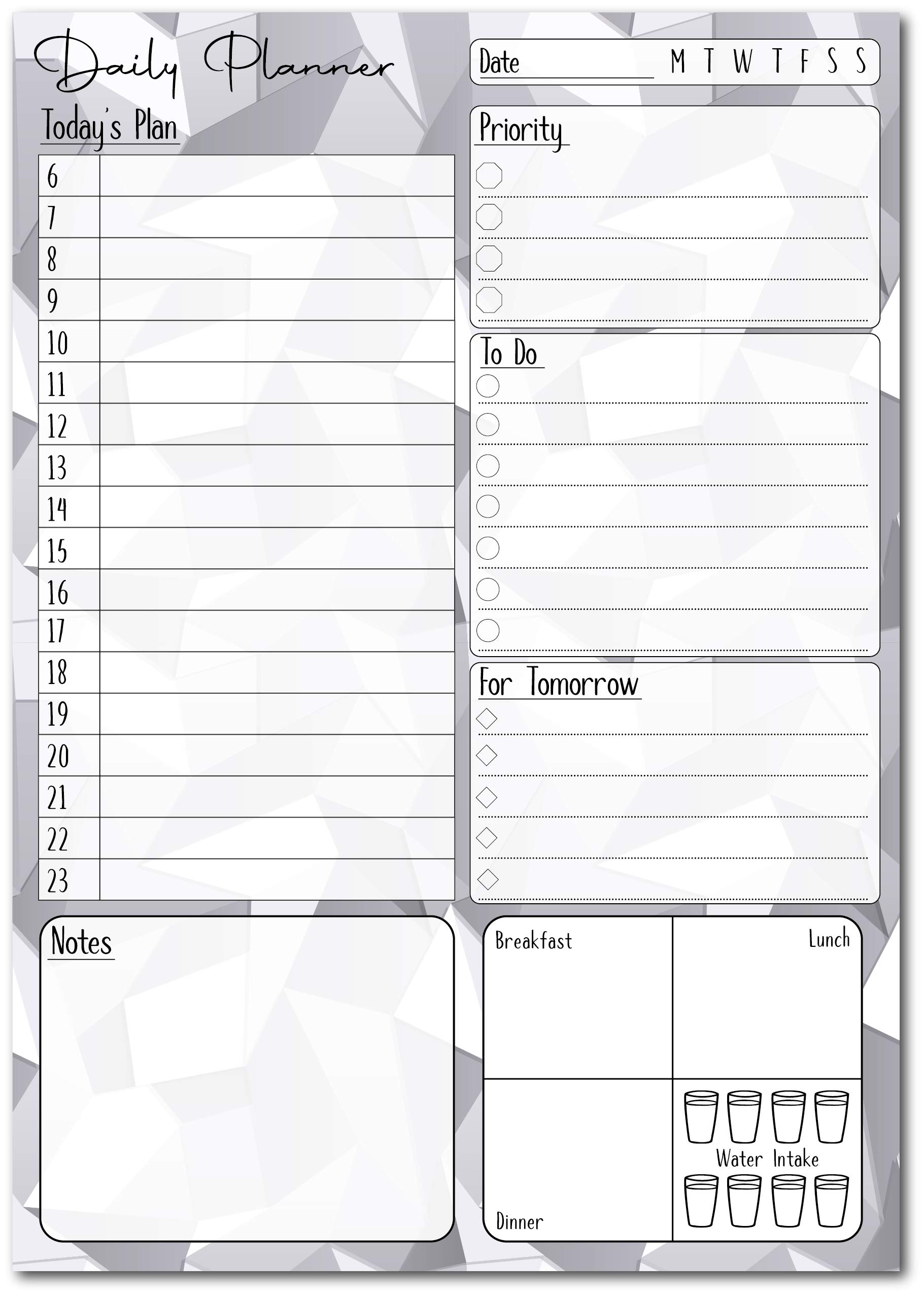 PartiKraft A5 Daily Planner 50 Sheet Note Pad with Schedule, Priority, To Do Lists, Doodle Notes & Meal Organiser (Grey Geometric, 2019) — image 1