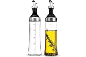 FineDine Superior Glass Oil and Vinegar Dispenser, Modern Olive Oil Dispenser, Wide Opening for Easy Refill and Cleaning, Clear Glass Oil Bottle, Pouring Spouts, 18 Oz. Cruet Set (Set of 2)