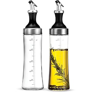 Superior Glass Oil and Vinegar Dispenser, (set of 2) Modern Olive Oil Dispenser, Wide Opening for Easy Refill and Cleaning, Clear Lead Free Glass Oil Bottle, BPA Free Pouring Spouts, 18 Oz. Cruet Set