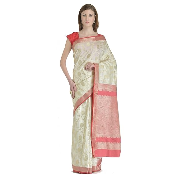 Leeza Store Women Banarasi Jacquard Saree With Weaving Saree (White Color_Free Size)