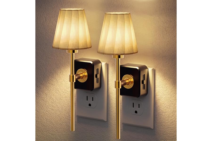 JandCase Night Lights Plug into Wall, 2 Pack Vintage Nightlights, Dusk to Dawn Sensor, 0-100LM Dimmable, Pleated Fabric Beige Lamp for Living Room Bedroom Hallway