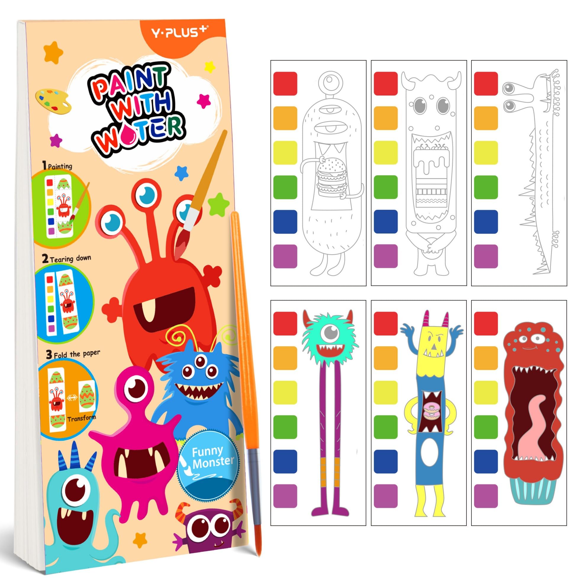 YPLUS Water Colouring Book for Children Painting Watercolour Paint Set Paper for Kids, Magic Book Arts and Crafts Gift for Drawing - Mini Monsters