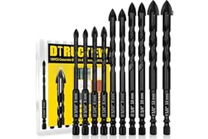 DTRUCTIEW 10PCS Masonry Drill Bits Set, 3/16"-1/2"Drill Bit Set for Concrete and Tiles with Drill Bit Tungsten Carbide Tip, Concrete Drill Bit Set for Tile Glass Thin Metal Brick Concrete Plastic Wood