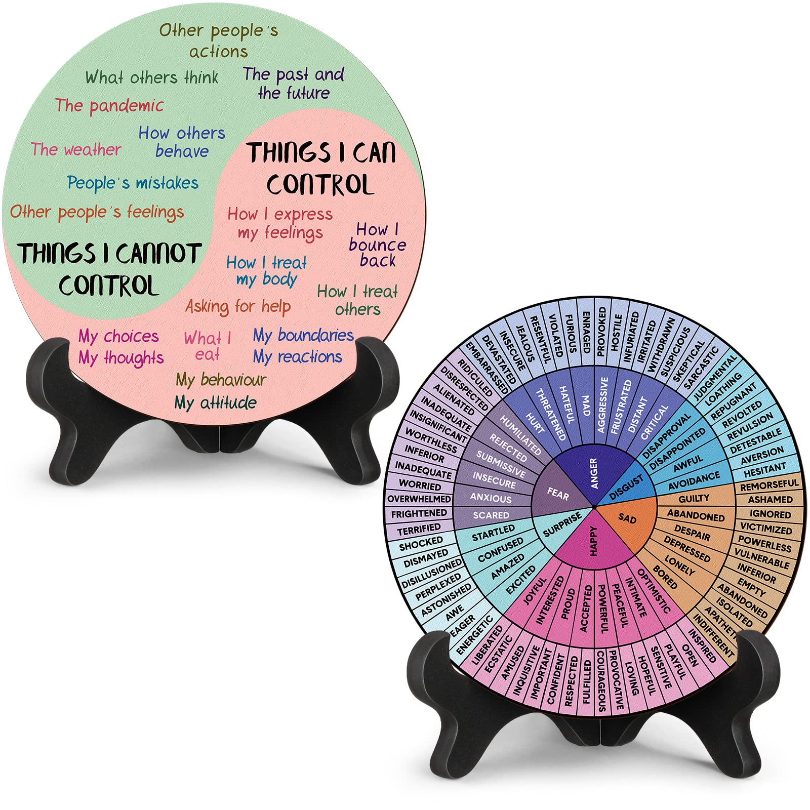 Photo 1 of 2 Pcs Feelings Wheel Therapy Office Desk Decor Things I Can Control Double Sided Mental Health Emotions Chart with Stand Therapist Gifts Psychology Decor for Home Office Counselor Women Man(Bright)