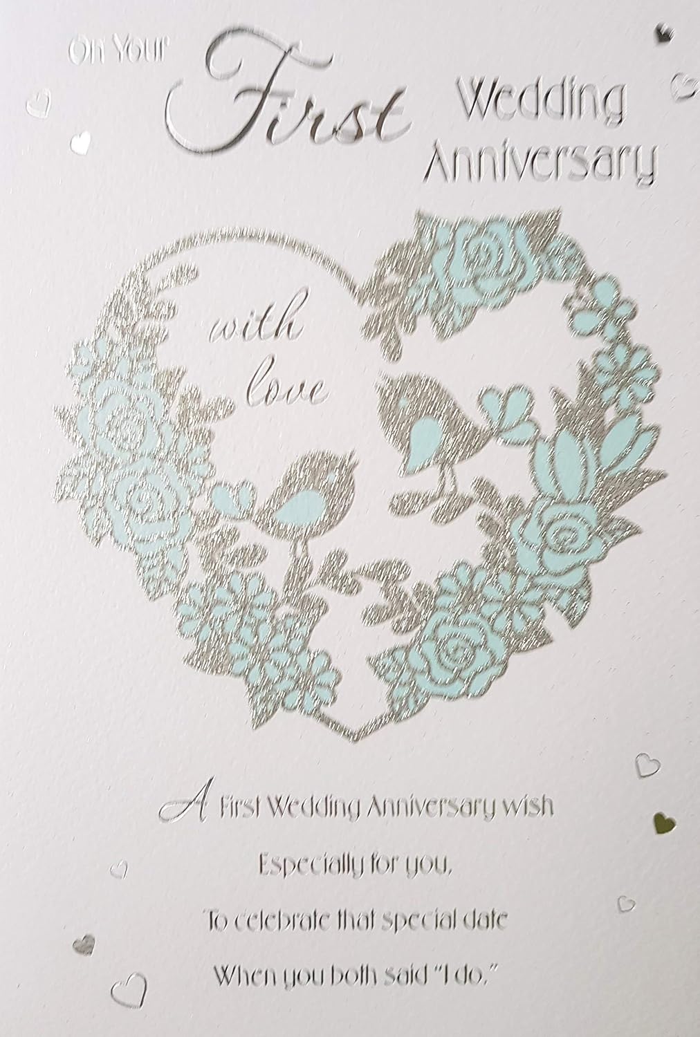 First Wedding Anniversary Card - Silver Heart, Birds & Light Blue Roses 9" x 6", white blue silver, 156 x 235mm