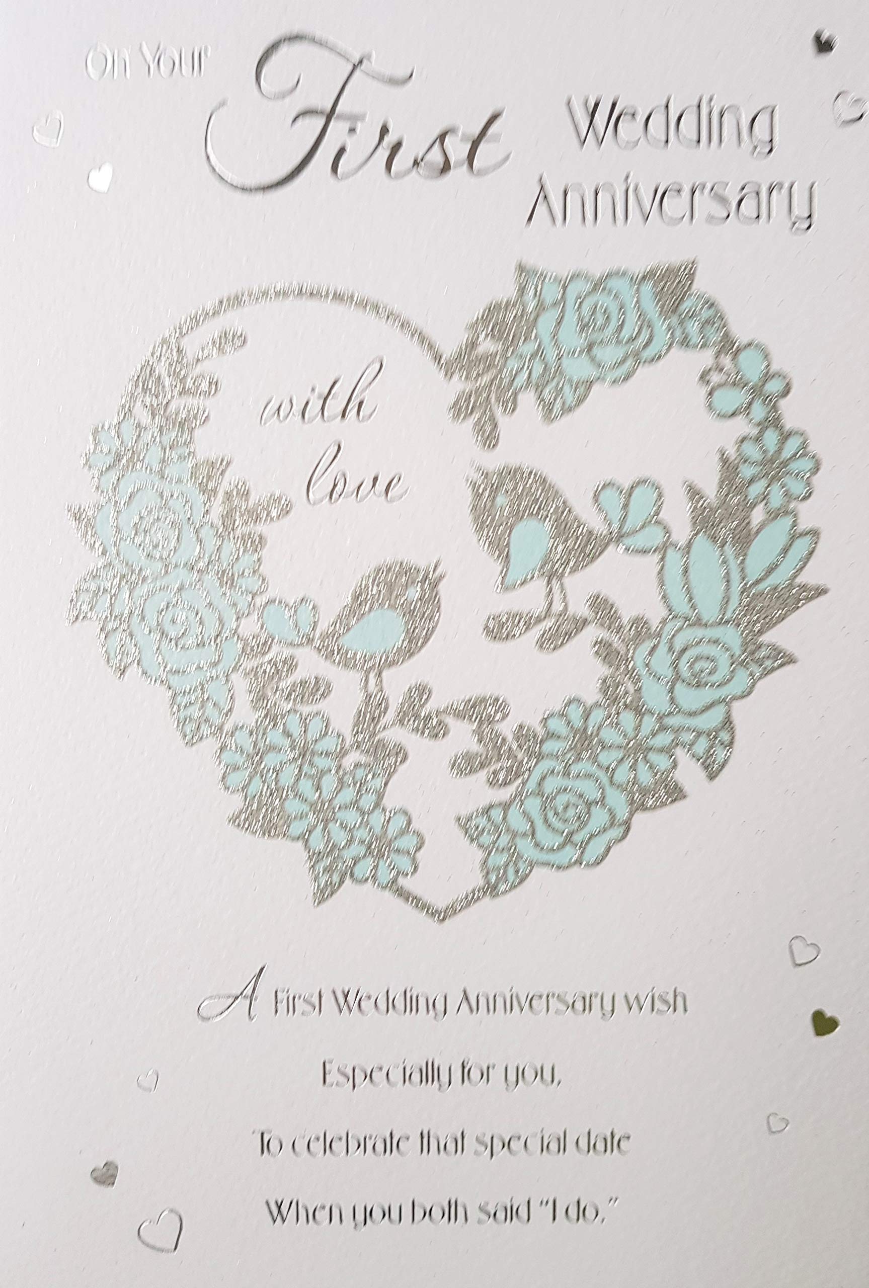 First Wedding Anniversary Card - Silver Heart, Birds & Light Blue Roses 9" x 6"