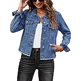 luvamia Denim Jacket for Women Distressed Jean Jackets Button Up Vintage Western Trucker Jacket Frayed Hem Pockets