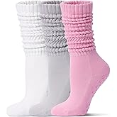 Toetally Pilates Socks with Grips for Women Long Slouch Non-Slip Yoga Barre Cushioned Workout Scrunch Socks 3 Pairs