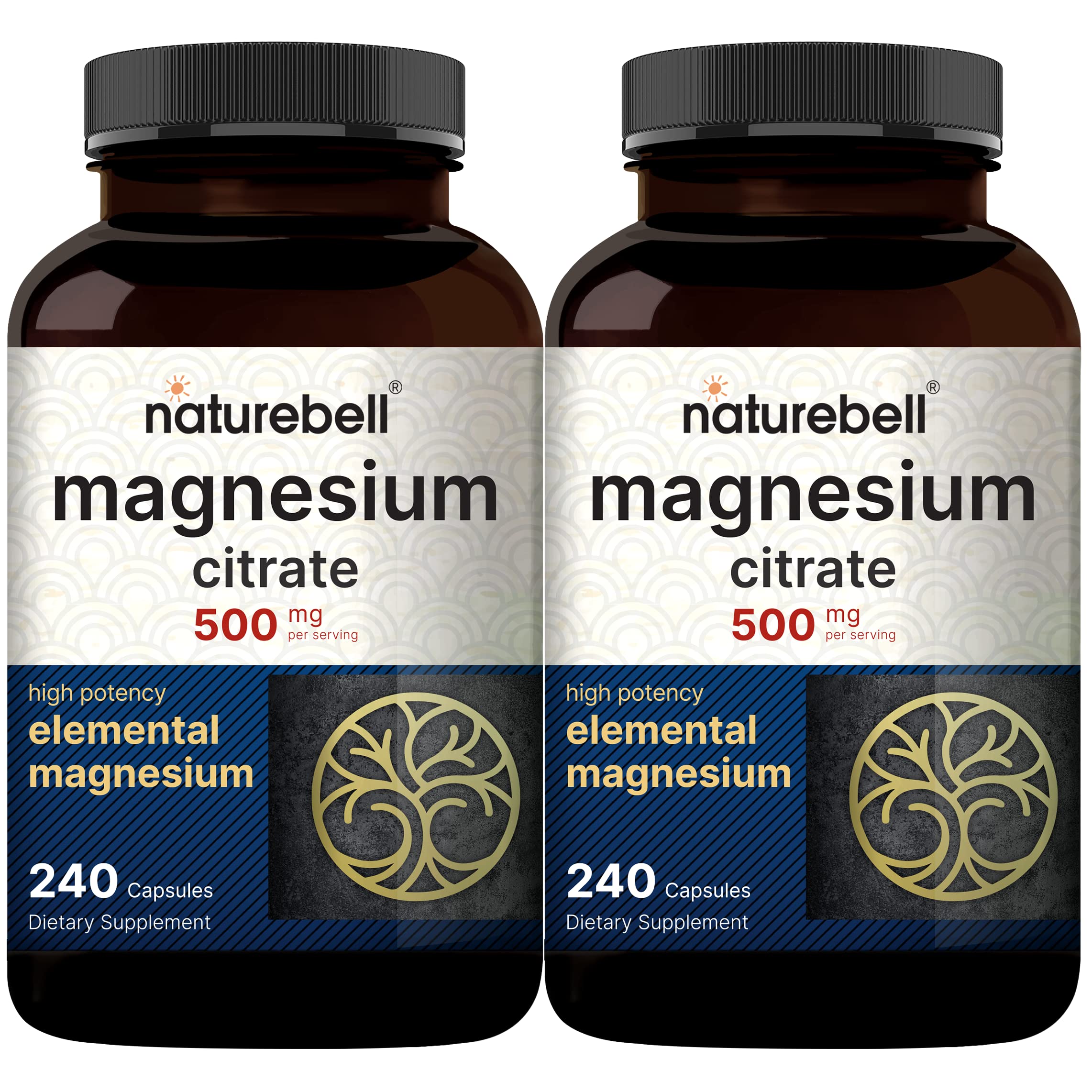 NatureBell Magnesium Citrate 500mg, 480 Capsules (2 Pack) | High-Purity Elemental Form | Heart, Muscle & Digestion Support | Non-GMO, Gluten-Free