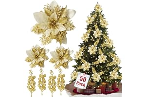 trytuny 50 PCS Poinsettia Flower Artificial Poinsettia with Clips Christmas Decor,Glitter Poinsettia Christmas Ornaments Artificial Flowers for DIY Xmas Wreath Making, Holiday Home Party Decorations