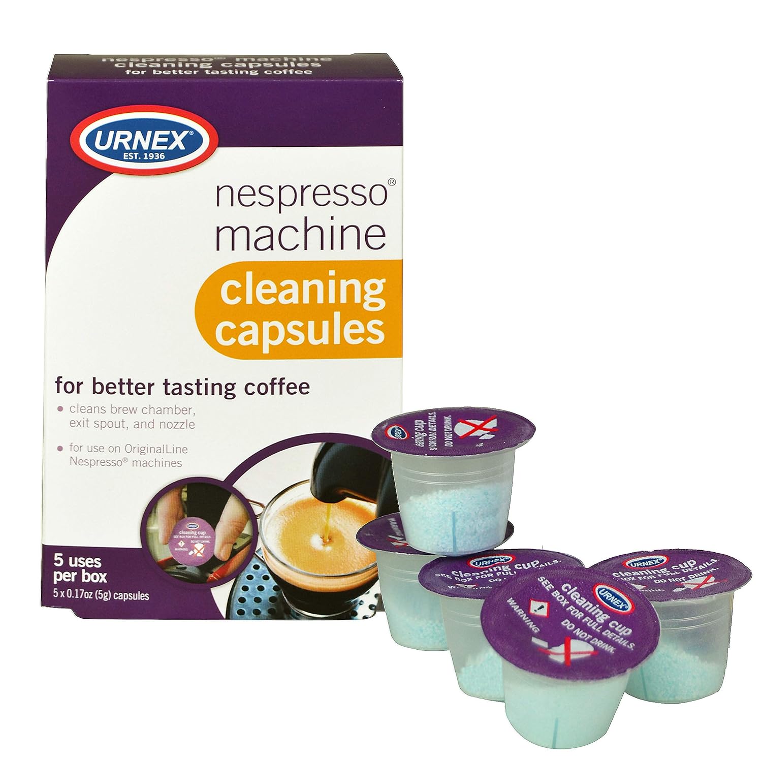 Urnex Nespresso Machine Cleaner - 5 Pods - Coffee Maker Cleaner Pods Cleans Brew Chamber Exit Spout and Nozzle