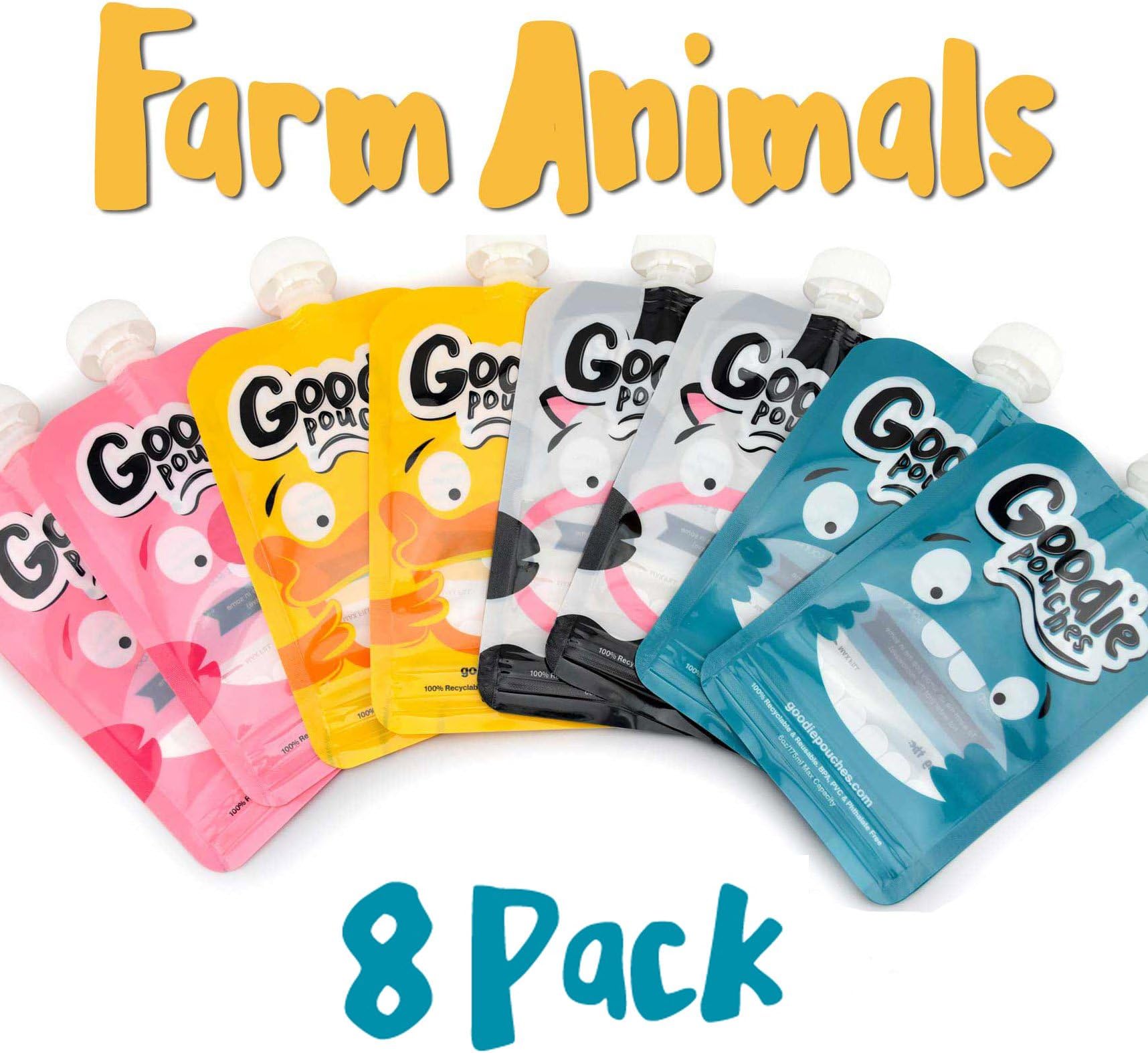 Goodie Pouches Reusable Homemade Puree and Smoothie Baby Squeeze Pouches for Kids, (8pk Farm Animals)