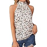Remidoo Womens Tie Back Sleeveless Blouse Pleated Front Boho High Neck Tank Top