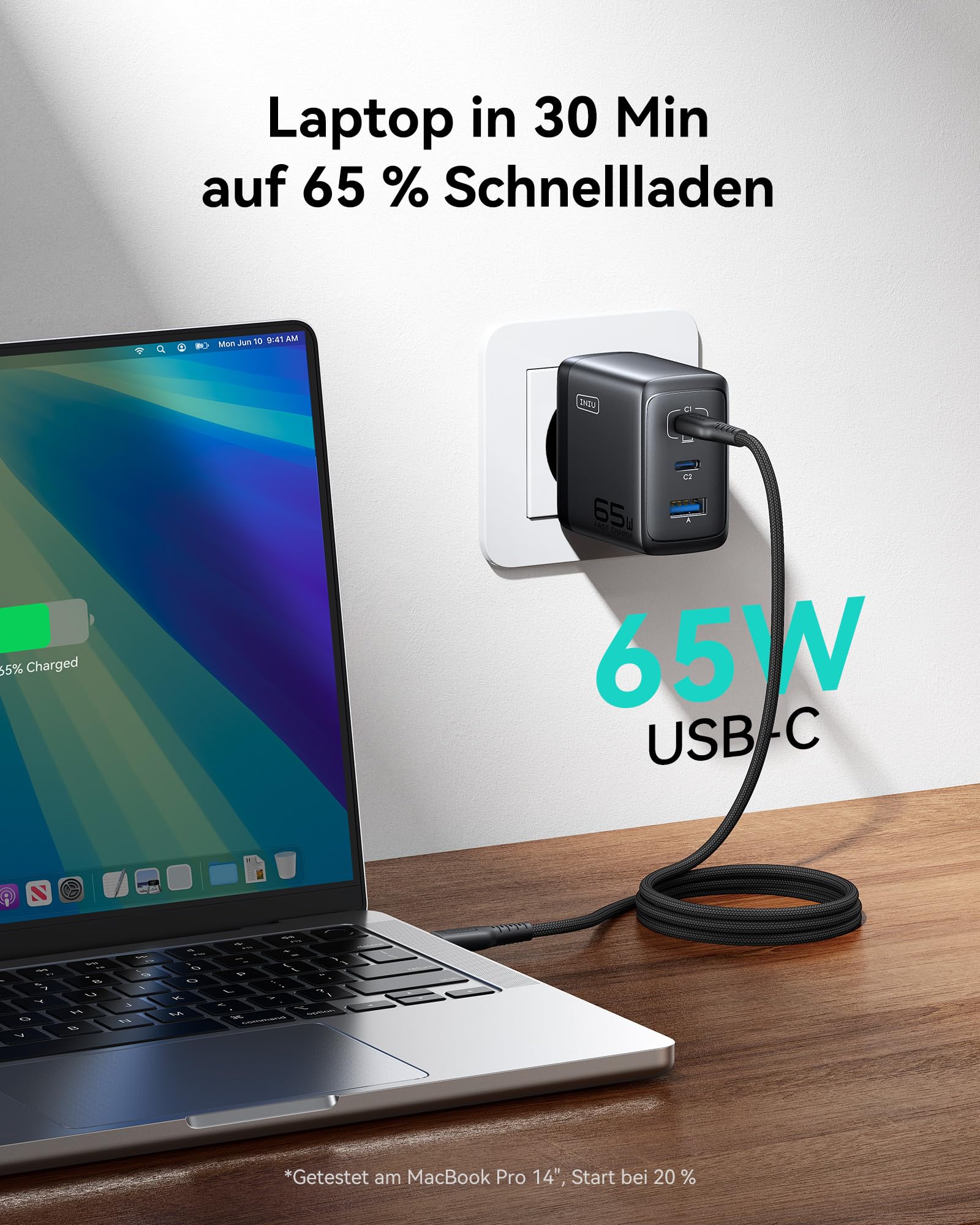 INIU USB C Ladegerät, 65W 3-Port Laptop Schnellladegerät mit 1.5m Kabel 2