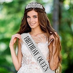 Birthday Sash and Crown for Women, Silver Crystal