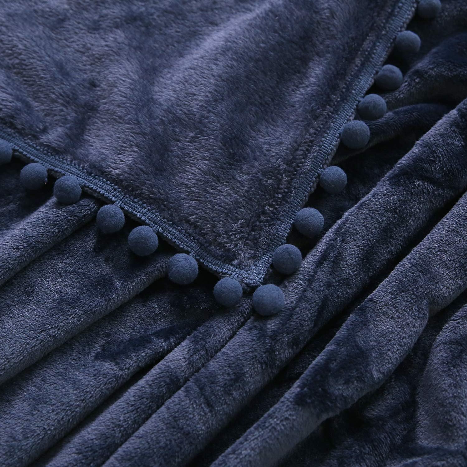 BEAUTEX Fleece Throw Blanket with Pompom Fringe, Navyblue Flannel Blankets and Throws for Couch, Super Soft Cozy Lightweight Plush Throw Blanket (50" x 60"): Kitchen & Dining