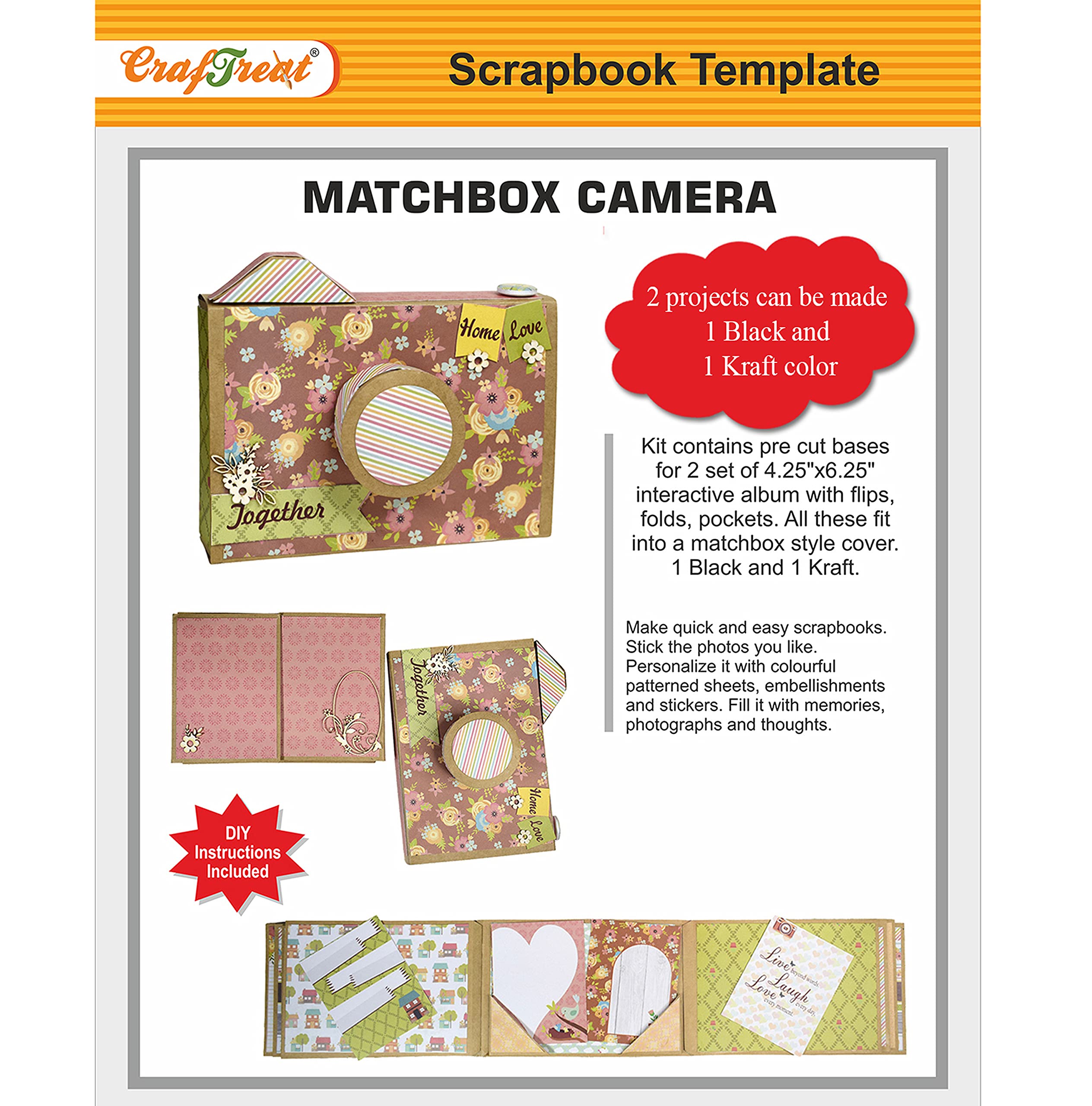 CrafTreat Matchbox Camera Scrapbook Templates – 2 Interactive Mini Album Sets (Black & Kraft) with Precut Die Cuts & Tutorials for Camera-Style Memory Projects
